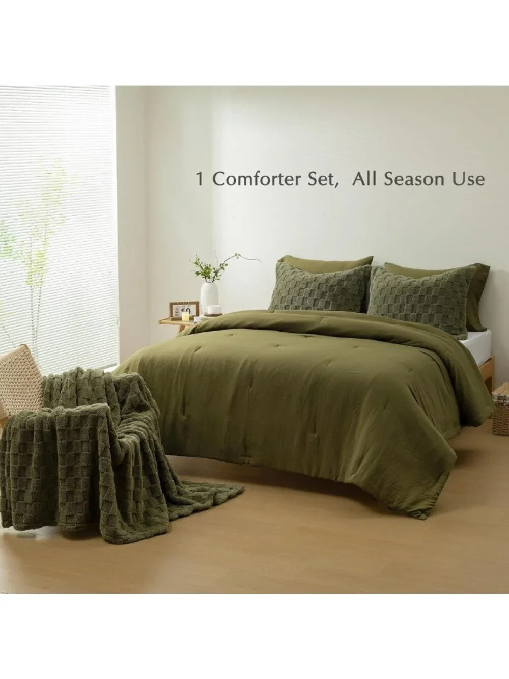Cozy 4pc King Comforter Set with Detachable Fluffy Blanket in Olive Green